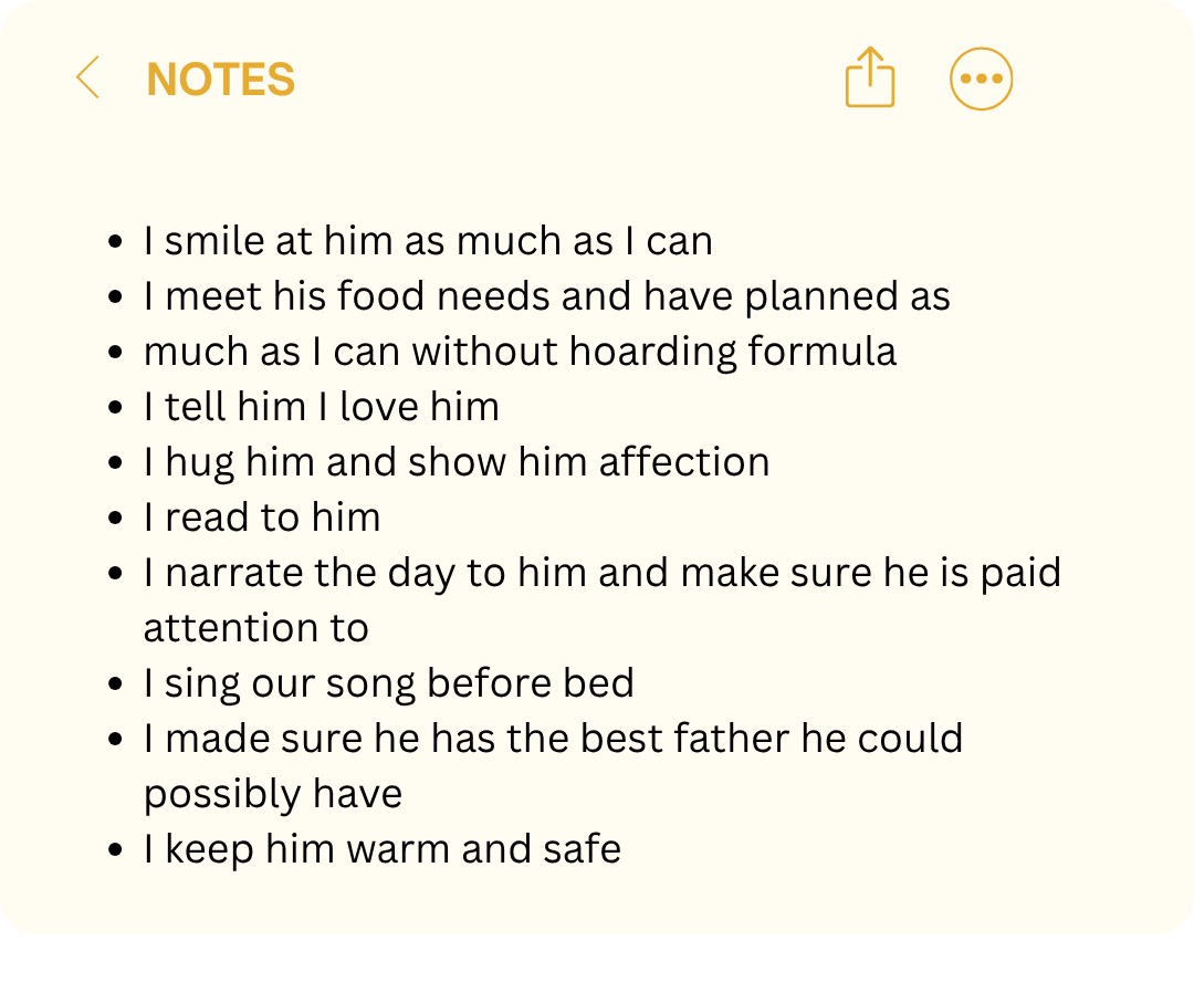 Notes app graphic listing reminders of positive things Jamie does for her baby, including &amp;ldquo;I tell him I love him,&amp;rdquo; &amp;ldquo;I read to him,&amp;rdquo; and &amp;ldquo;I keep him warm and safe.&amp;rdquo;