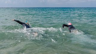 Couple swimming in the sea wearing wetsuits