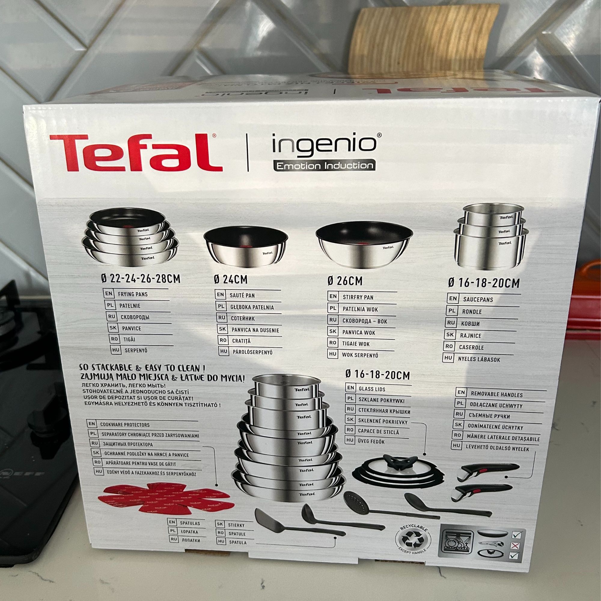 Tefal Ingenio Emotion 22-Piece Pan Set - in box with contents displayed on side