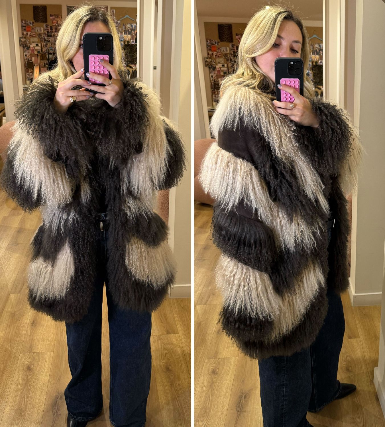 clementina jackson tries on a brown and cream mongolian coat from charlotte simone