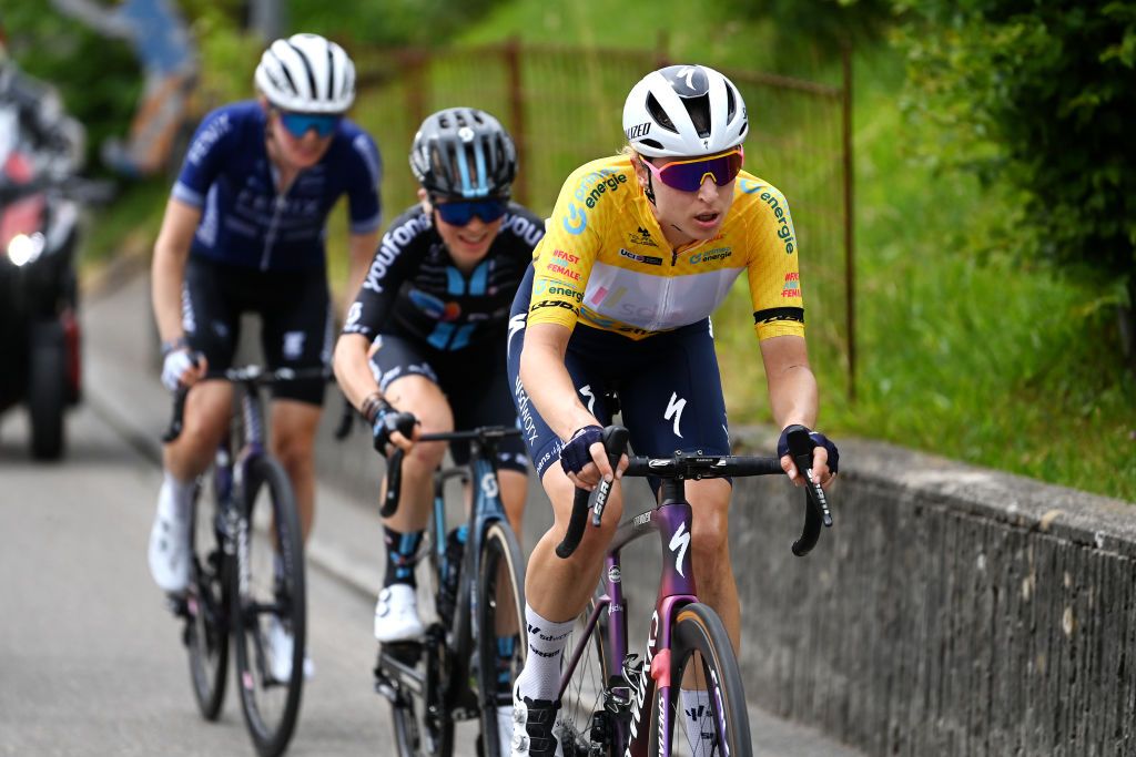 EBNATKAPPEL SWITZERLAND JUNE 20 Marlen Reusser of Switzerland and Team SD Worx Yellow Leader Jersey competes in the chase group during the 3rd Tour de Suisse Women 2023 Stage 4 a 1008km stage from EbnatKappel to EbnatKappel UCIWWT on June 20 2023 in EbnatKappel Switzerland Photo by Tim de WaeleGetty Images