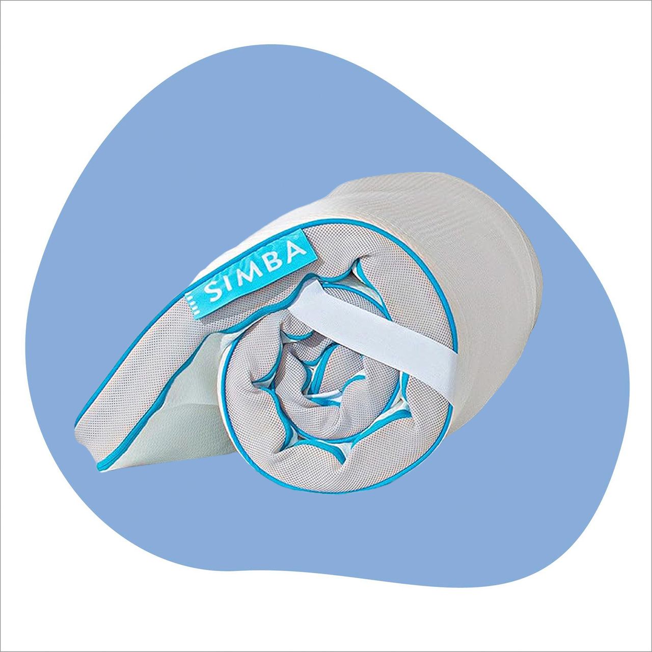 The best mattress topper as tested by the Ideal Home team rolled up on a blue background