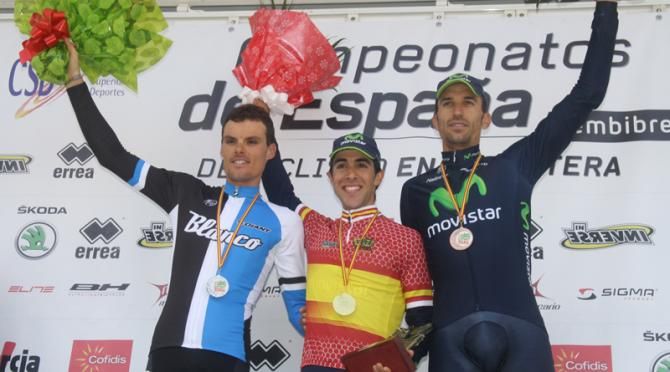 Spanish men's time trial podium (L-R): Luis Leon Sanchez (Blanco), Jonathan Castroviejo (Movistar) and Ruben Plaza (Movistar)