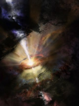Another artist's concept of gas clouds raining onto the heart of the Abell 2597 Brightest Cluster Galaxy. The clouds were observed using the Atacama Large Millimeter/submillimeter Array (ALMA).