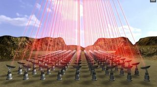 A still from a video shows how an array of Earth-based lasers would propel a sail-equipped "nanocraft" to a distant star system in the Breakthrough Starshot program. If intelligent aliens have also developed such spaceflight systems, the beams they're projecting out into space could be detectable, researchers say.
