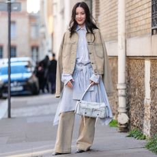 street style shot of woman in shirt dress, jeans and denim jacket