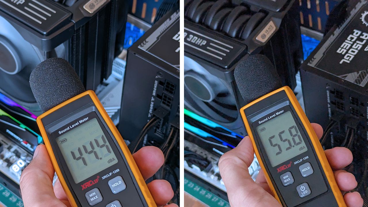 Handheld sound level meter readings of 44.4 dBA and 55.8 dBA positioned near an open PC test bench, measuring acoustic output from the Cooler Master V8 ACE 3DHP cooler.