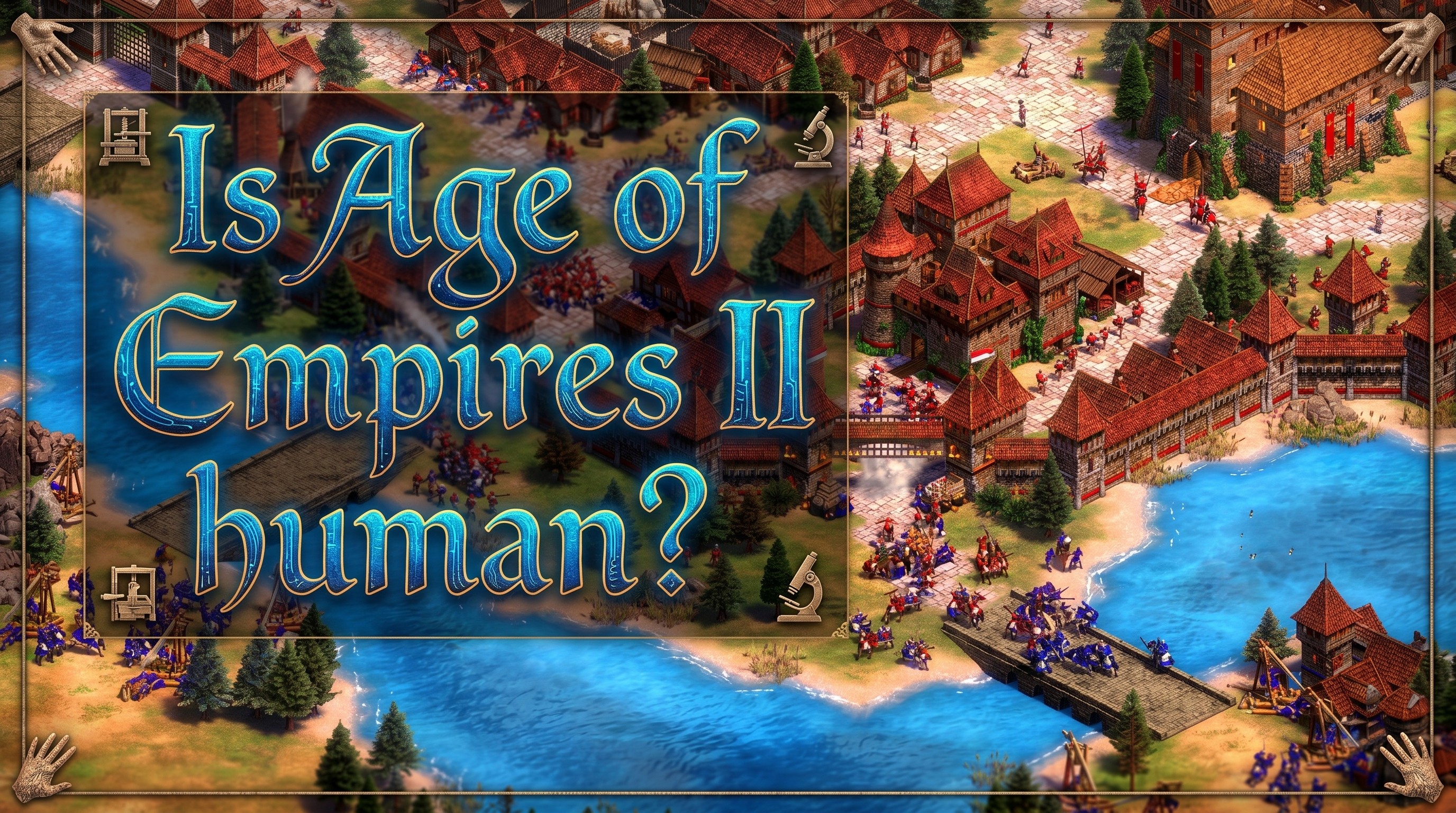 An animated scene from "Age of Empires II" featuring battles between blue and red soldiers near a wooden bridge over a river, with medieval buildings in the background.