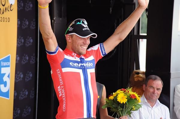Thor Hushovd (Cervelo TestTeam) on the podium after winning the Tour's third stage.