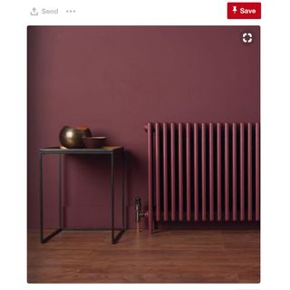 room with maroon wall wooden flooring and table with pot