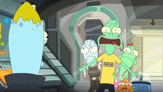 Three aliens react to a weird creature emerging from another alien's head