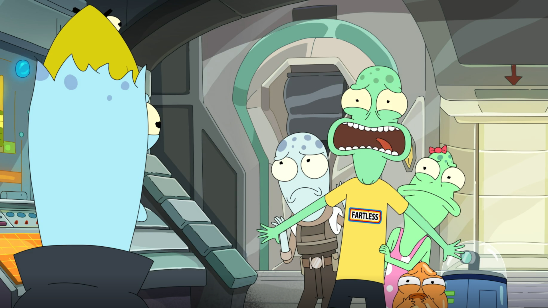 Three aliens react to a weird creature emerging from another alien&#039;s head