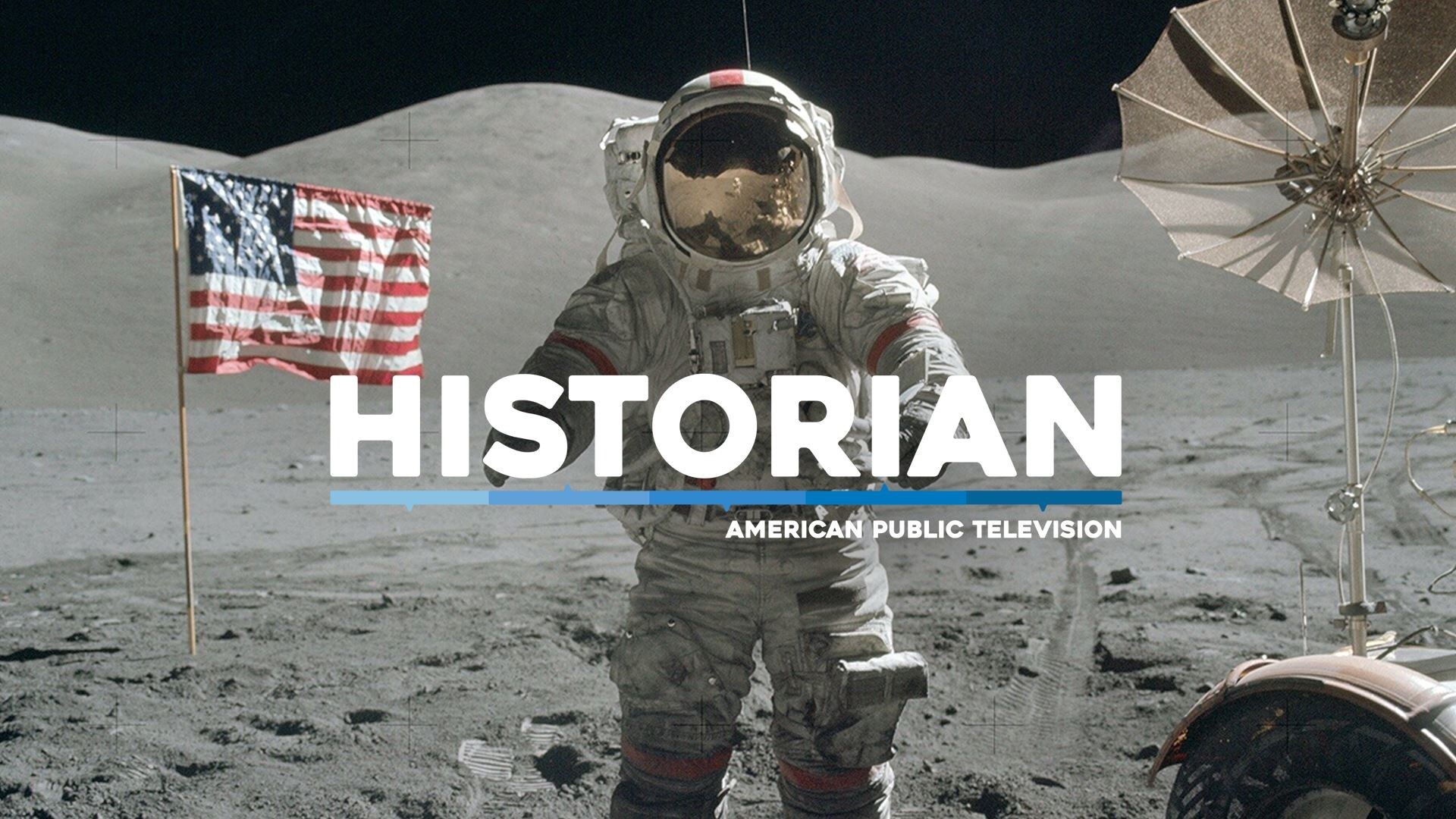 Shot of an American astronaut on the moon with the Historian logo