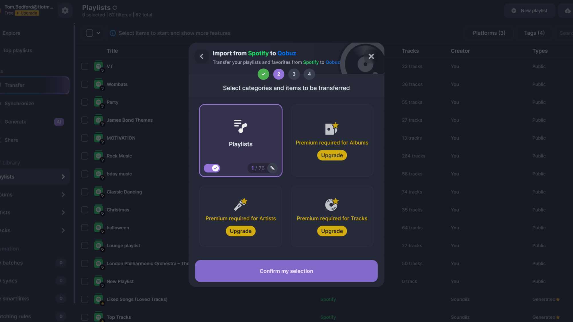 A menu on Soundiiz, converting a Spotify playlist to a Qobuz playlist.