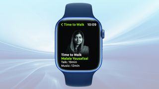 Blue Apple Watch showing Malala Yousafzai's Time to Walk episode