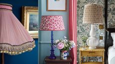 Three images of colorful fabric lampshades 