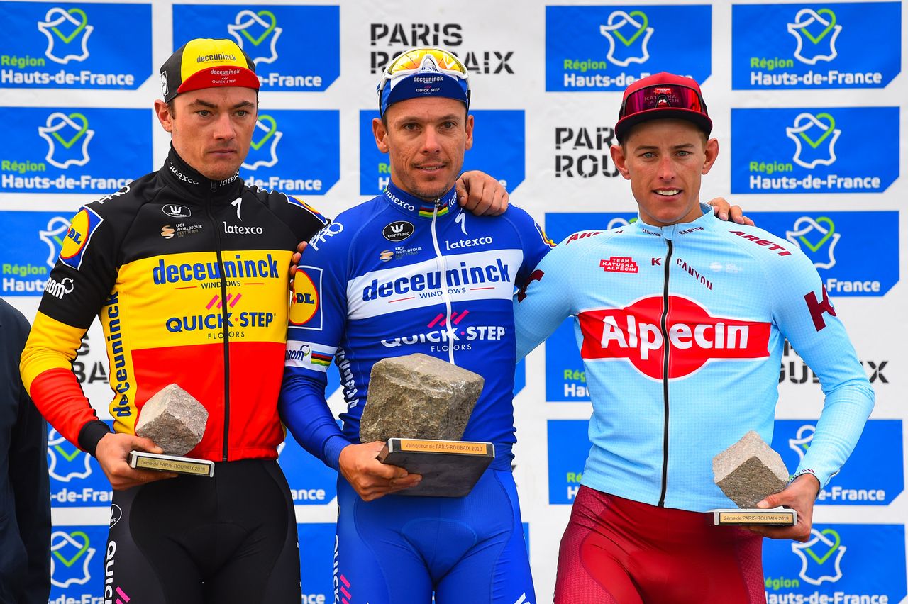 The final podium &ndash; Lampaert, Gilbert and Politt (L-R)