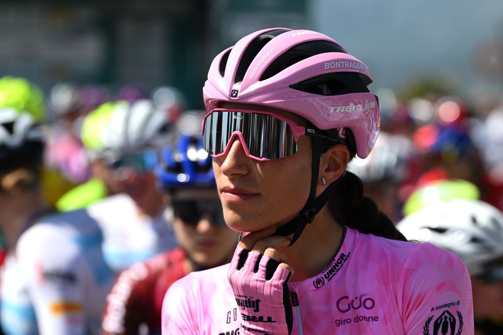 OLBIA ITALY JULY 02 Elisa Balsamo of Italy and Team Trek Segafredo Pink Leader Jersey prior to the 33rd Giro dItalia Donne 2022 Stage 3 a 1134km stage from Cala Gonone to Olbia GiroDonne UCIWWT on July 02 2022 in Olbia Italy Photo by Dario BelingheriGetty Images