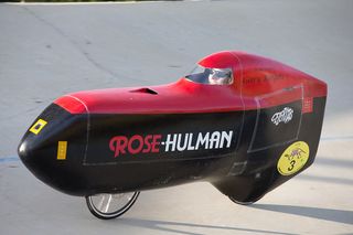 a driver competes in the Human-Powered Vehicle Challenge in California.