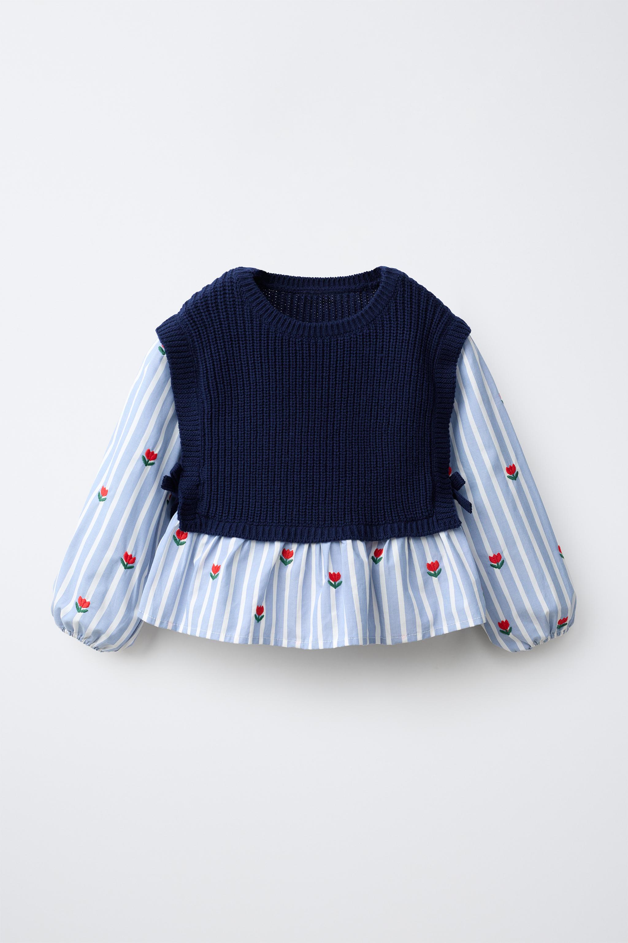 Tulip Embroidered Shirt With Knit Vest - Navy Blue - 1&amp;frac12; Years (33,9 Inches)