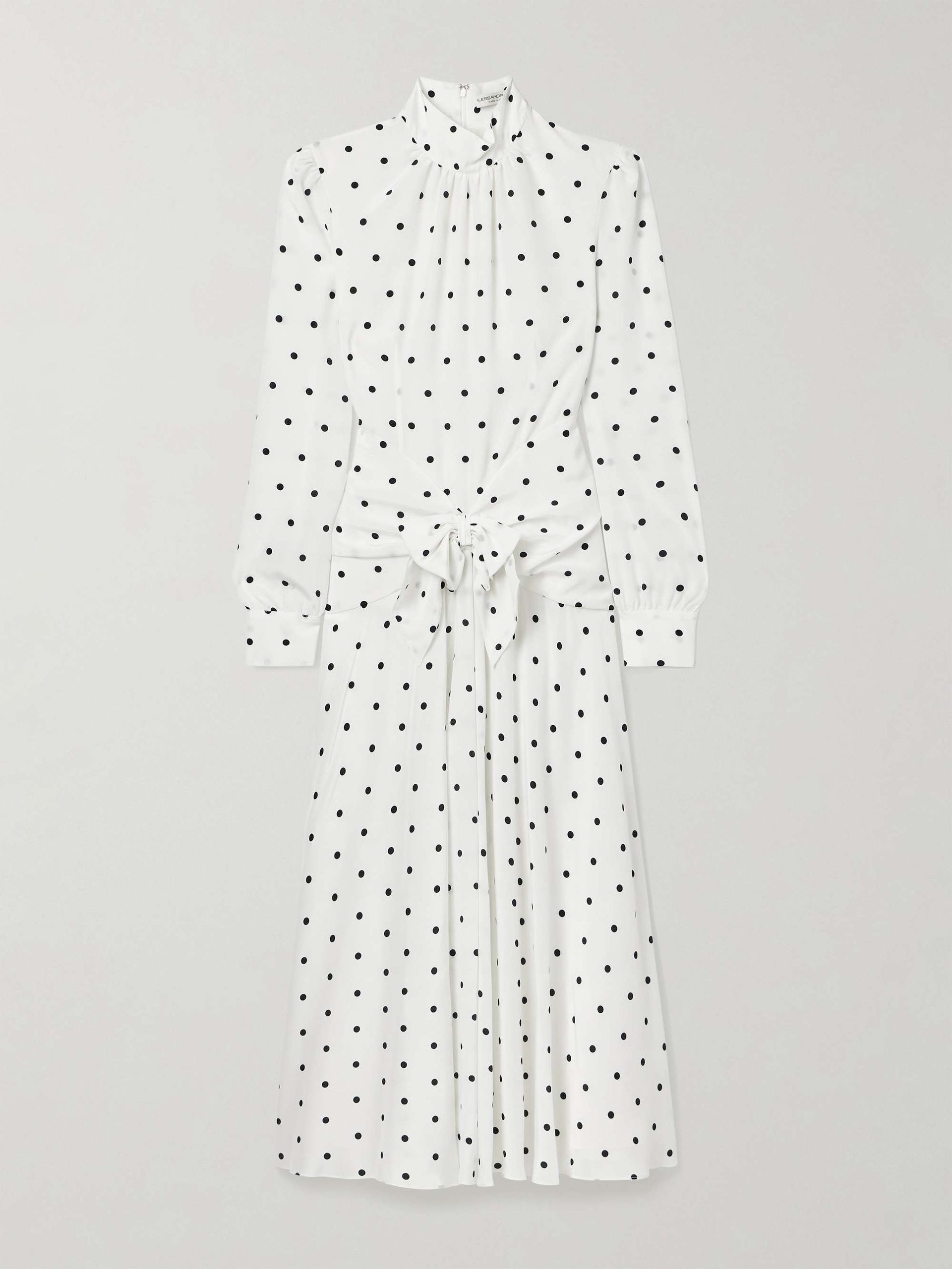 Bow-Embellished Gathered Polka-Dot Silk-Georgette Midi Dress