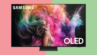 Samsung S95C OLED TV with an image of a woman's hair covered in paint, on a colorful background