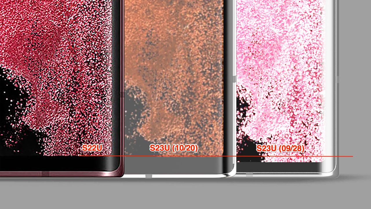 A render showing the bottom bezel of the Galaxy S22 Ultra, and two variations of the Galaxy S23 Ultra