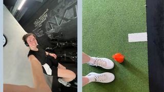 Grace Walsh wearing the lululemon trainers on stationary bike and on green track at the gym