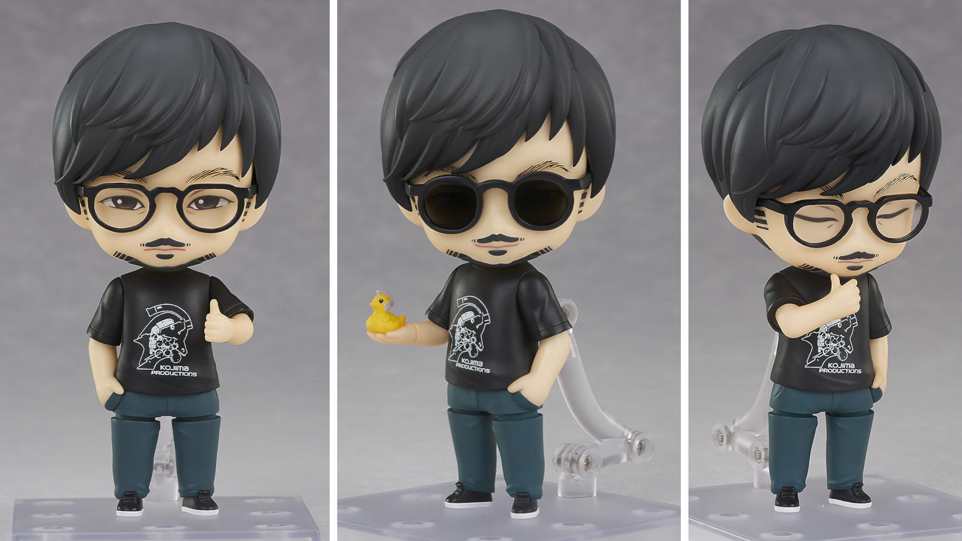 Three shots of the Hideo Kojima Nendoroid figure, divided by white lines