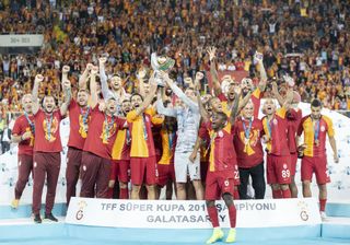 Galatasaray players celebrate after winning the Turkish Super Cup in 2019.