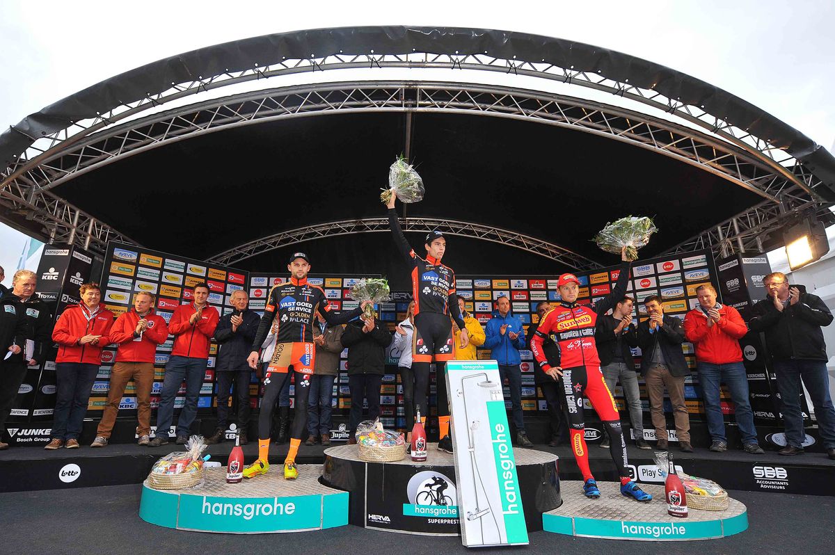 Wout Van Aert (Vastgoedservice-Golden Palace) takes the trophy and the winner's check