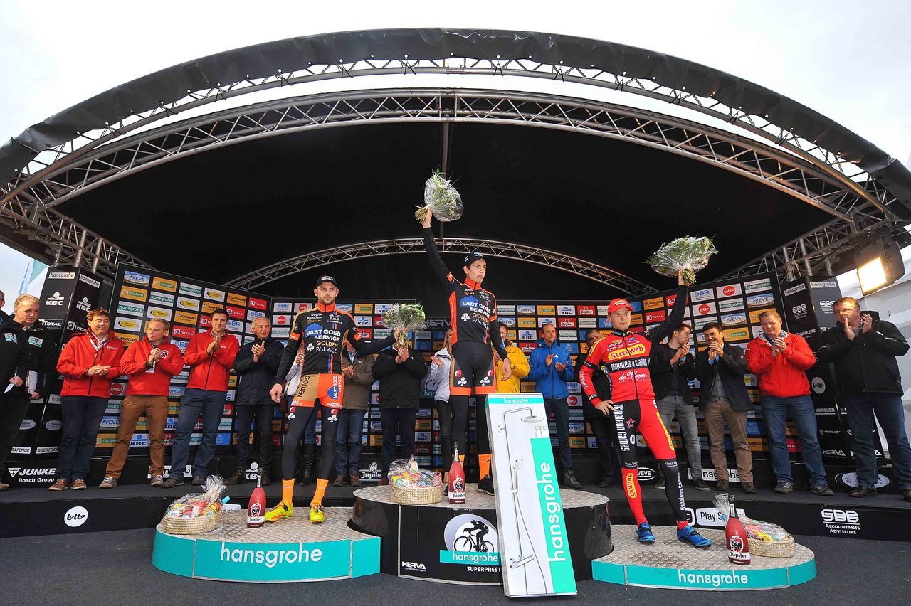 Wout Van Aert (Vastgoedservice-Golden Palace) takes the trophy and the winner's check