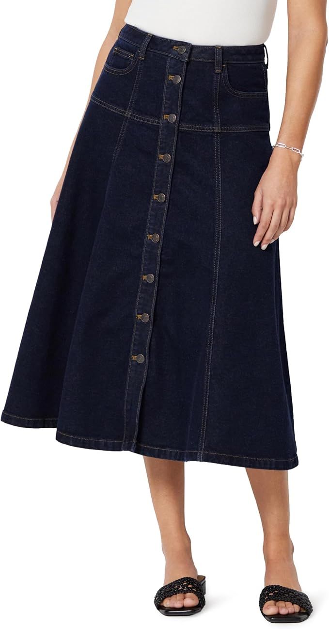 Amazon Essentials, Amazon Essentials Women's A-Line High-Rise Denim Button-Down Midi Skirt, Rinse Denim, 18