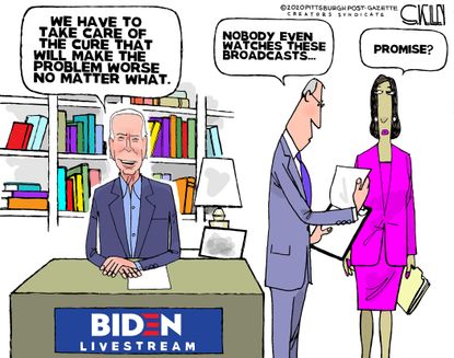 Political Cartoon U.S. Biden gaffes live stream flops coronavirus