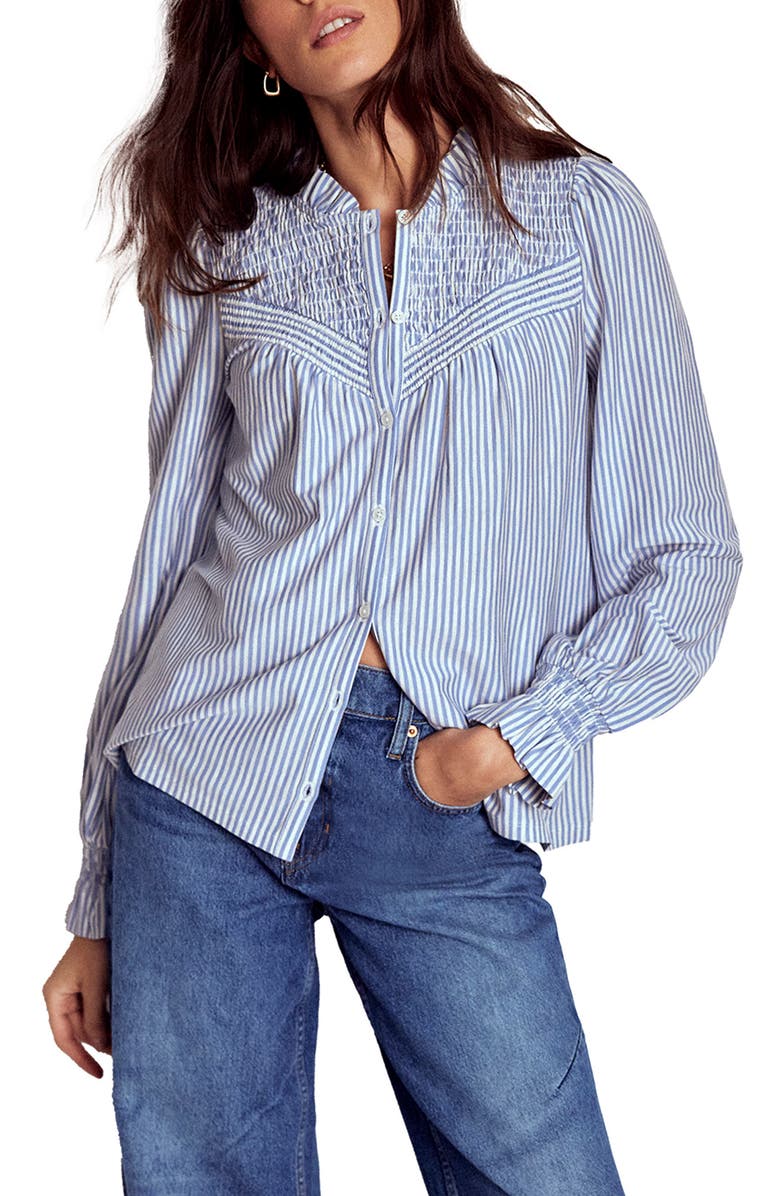 Stripe Smocked Yoke Button-Up Blouse