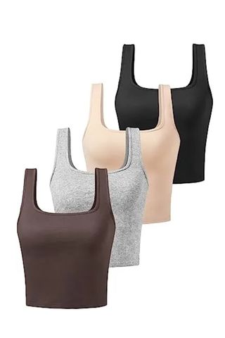  Cotton Workout Crop Tank Top for Women Square Neck Yoga Tank Tops Athletic Sports Shirts Exercise Undershirts 4 Pack Black/grey/apricot/coffee S