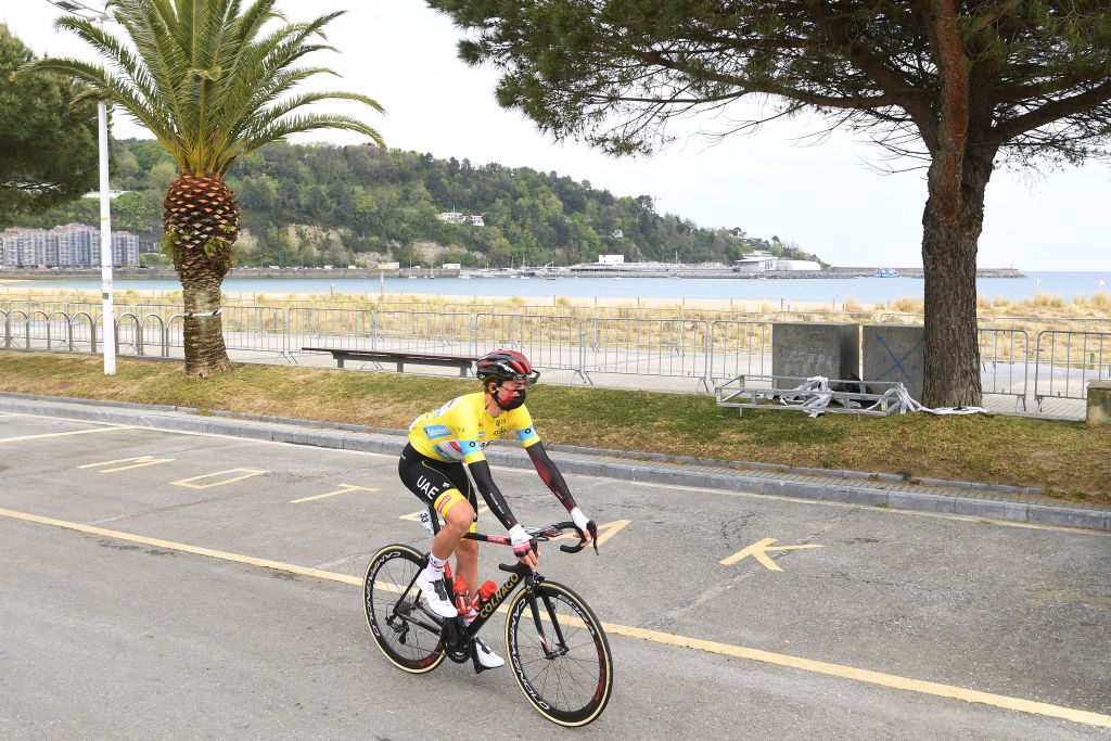 ONDARROA SPAIN APRIL 09 Start Brandon Mcnulty of United States and UAE Team Emirates Yellow Leader Jersey during the 60th ItzuliaVuelta Ciclista Pais Vasco 2021 Stage 5 a 1602km stage from Hondarribia to Ondarroa itzulia ehitzulia on April 09 2021 in Ondarroa Spain Photo by David RamosGetty Images
