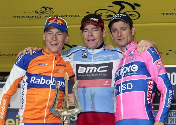 Tirreno-Adriatico podium (l-r): Robert Gesink (Rabobank), Cadel Evans (BMC), Michele Scarponi (Lampre-ISD)