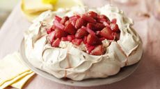 pavlova with balsamic roasted rhubarb and strawberries