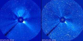 Fast-moving protons from a solar energetic particle (SEP) event cause interference that looks like snow in these images from the Solar Heliospheric Observatory taken on January 23, 2012.