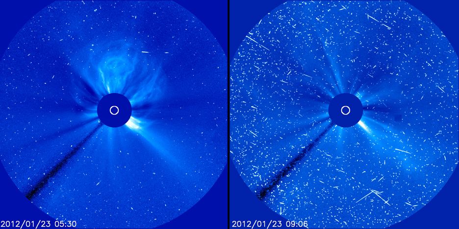 Fast-moving protons from a solar energetic particle (SEP) event cause interference that looks like snow in these images from the Solar Heliospheric Observatory taken on January 23, 2012.