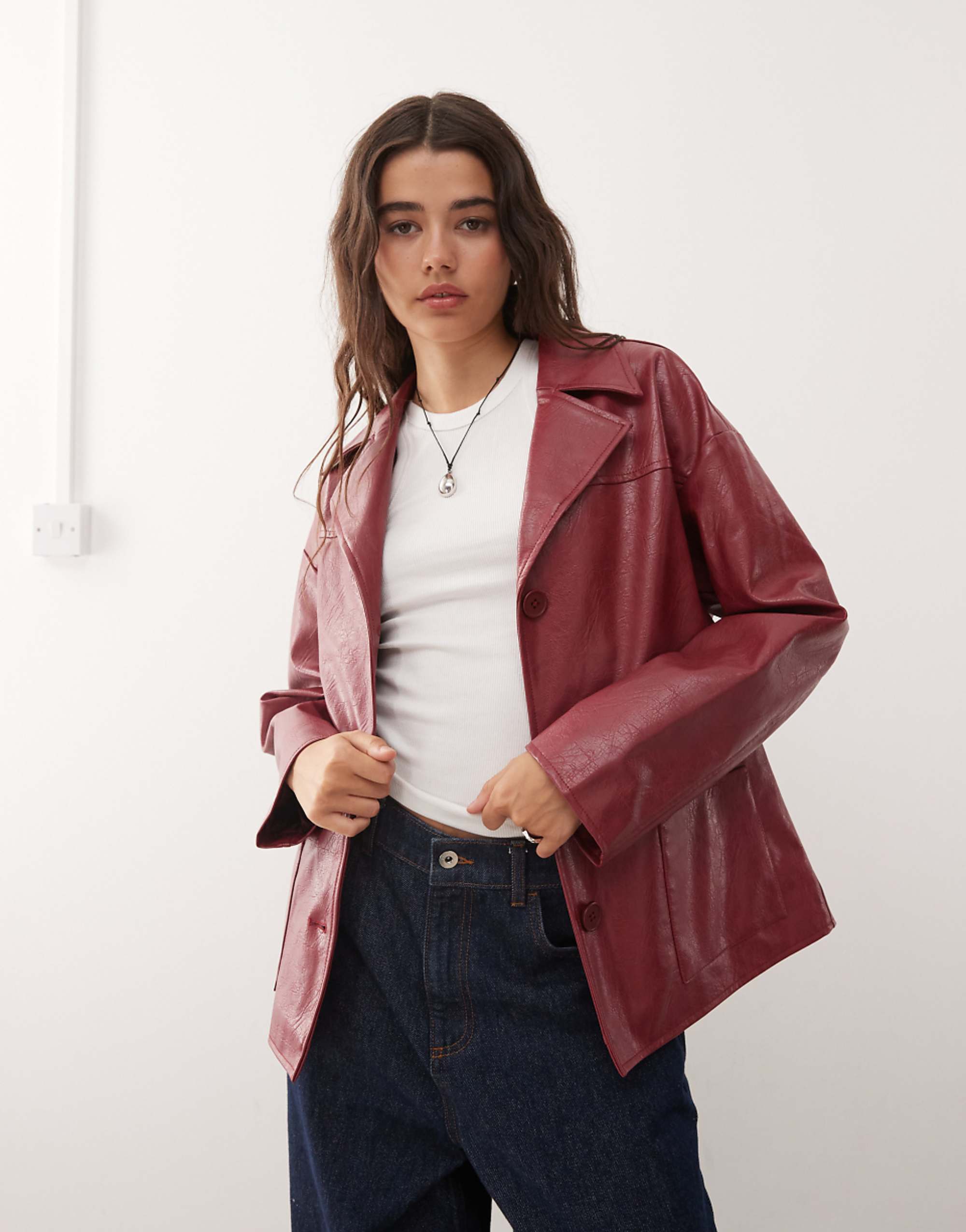 Reclaimed Vintage Boxy Fit Leather Look Blazer in Cherry Red