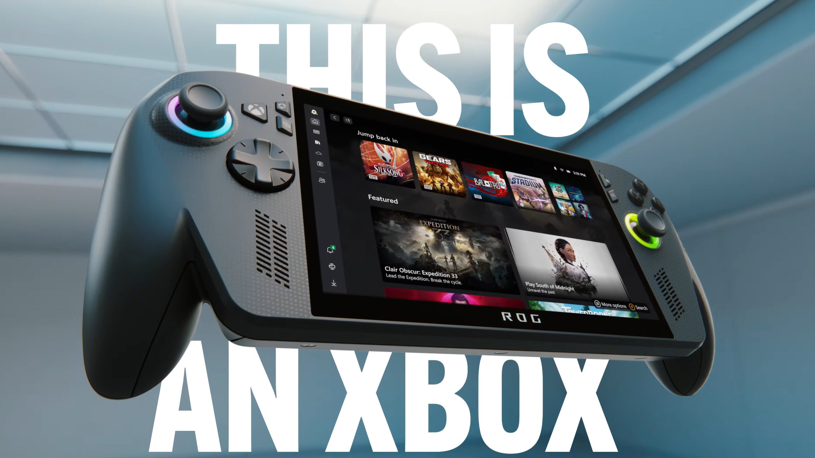 An ROG Xbox Ally X and Ally shown during Microsoft&#039;s Xbox stream in June 2025.