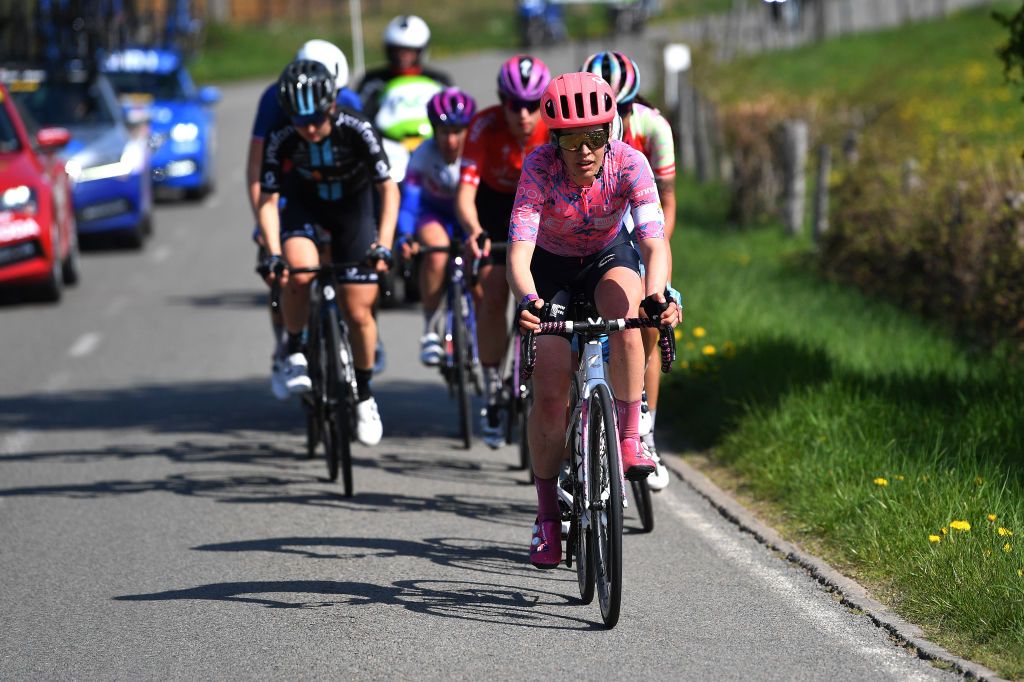 LIEGE BELGIUM APRIL 24 Clara Honsinger of United States and Team EF Education Tibco Svb competes in the breakaway during the 6th Liege Bastogne Liege 2022 Femmes a 1421km one day race from Bastogne to Lige LBL LBLwomen UCIWWT on April 24 2022 in Liege Belgium Photo by Luc ClaessenGetty Images