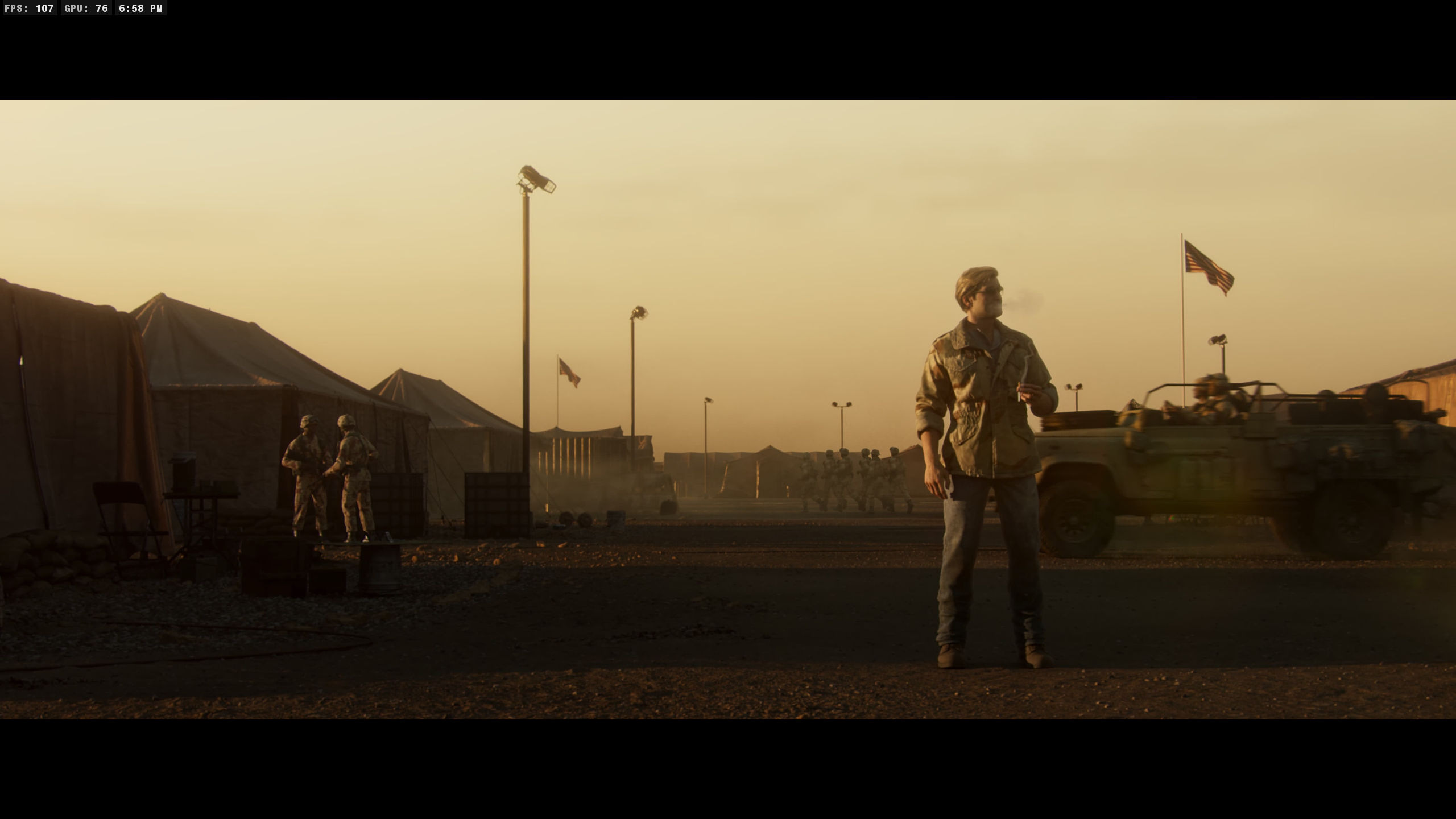 Screenshots from Call of Duty: Black Ops 6. Adler smokes at a base camp as a SUV drives by behind him.