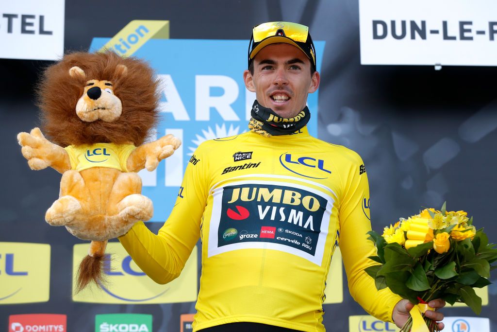DUNLEPALESTEL FRANCE MARCH 08 Christophe Laporte of France and Team Jumbo Visma Yellow Leader Jersey celebrates at podium during the 80th Paris Nice 2022 Stage 3 a 191km stage from Vierzon to DunlePalestel ParisNice WorldTour on March 08 2022 in DunlePalestel France Photo by Bas CzerwinskiGetty Images