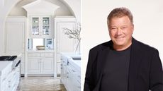 a split screen with a white kitchen with silver hardware on the left and a picture of william shatner on a white background on the right