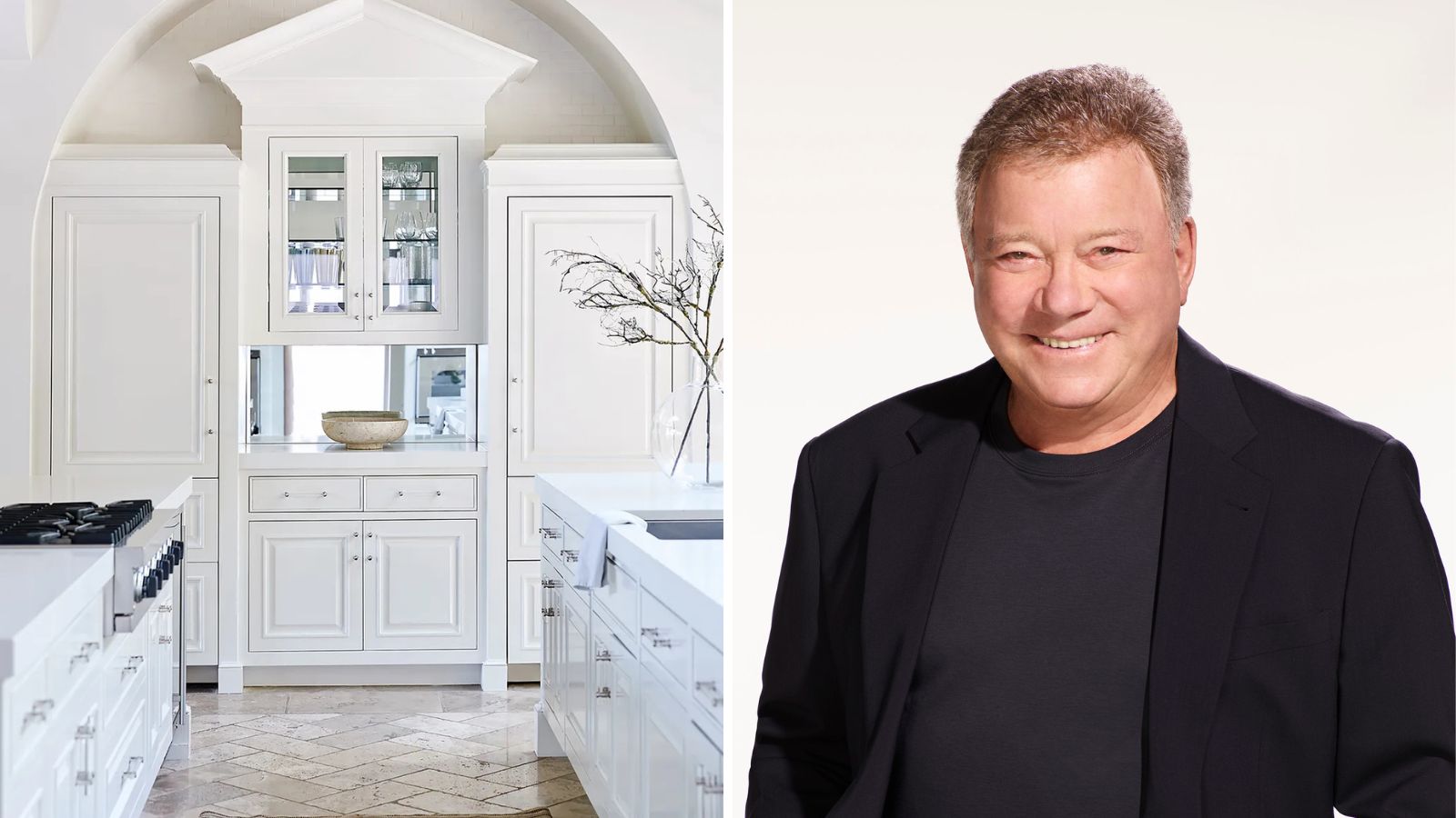a split screen with a white kitchen with silver hardware on the left and a picture of william shatner on a white background on the right