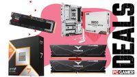From top left to bottom right: A Samsung 9100 Pro 1 TB SSD, Asus B850 Max Gaming WIFI W motherboard, AMD Ryzen 7 9800X3D CPU, and a Team Group T-Force Vulcan RAM kit floats in the funky PCG deal void.