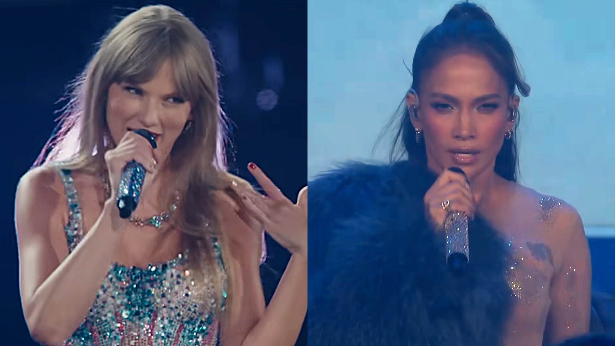 Taylor Swift is shown on The Eras Tour movie, and Jennifer Lopez is shown at Prime Video Obsessed Fest Live.